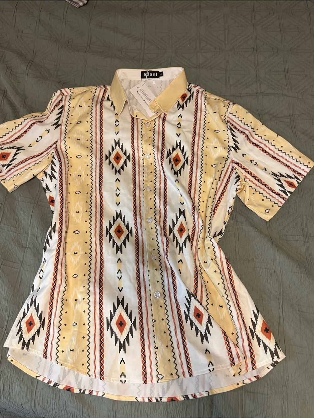 Alfani Yellow Aztec-Print Short Sleeve Button-Down Shirt